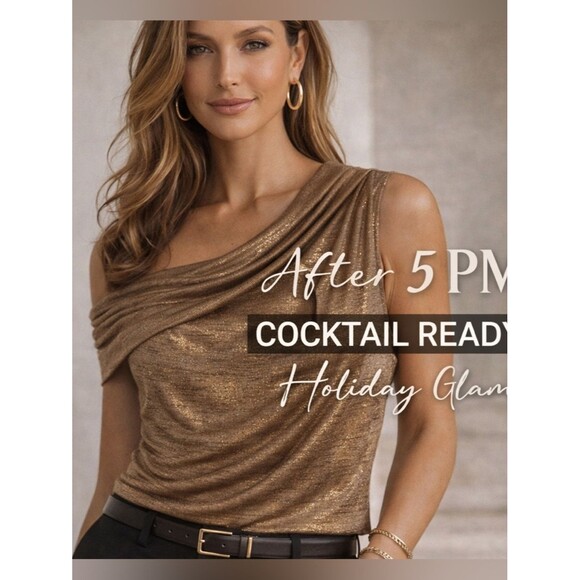 Ralph Lauren Tops - Lauren Ralph Lauren Metallic One Shoulder Gold Shimmer Draped Cocktail Blouse Lg